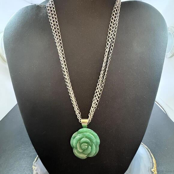 Carolyn Pollack Sterling Carved Green Aventurine Rose Pendant W/Chain Necklace